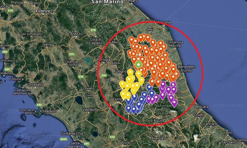 del cratere del terremoto della regione Marche.