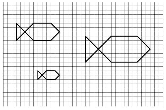M1405D02A3 - M1405D02A2 - M1405D02A1 - M1405D02B0 D2. Alice ha disegnato tre pesciolini sul suo quaderno a quadretti. a. Indica se ciascuna delle seguenti affermazioni è vera (V) o falsa (F). 1.