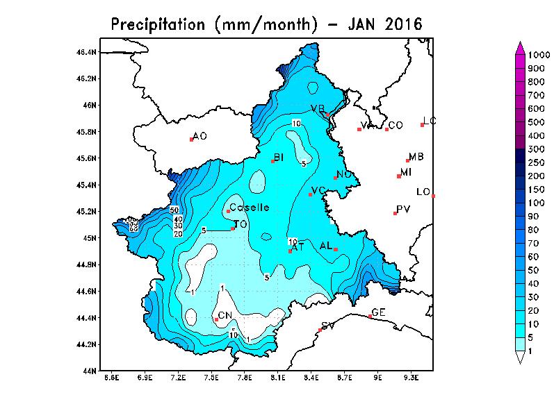 Figura 6 Precipitazione mensile osservata in Piemonte a gennaio 2016 Le precipitazioni nei capoluoghi di provincia sono state al di sotto dei valori medi del periodo 1991-2010 in tutti i capoluoghi.