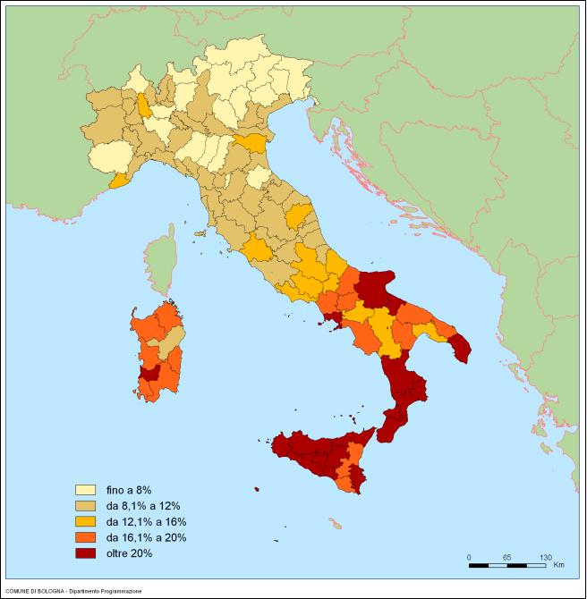 In due anni in Italia oltre un milione di disoccupati in più Tasso di disoccupazione totale per provincia (valori percentuali) Nel 2013 il tasso di disoccupazione a livello nazionale sale di un punto