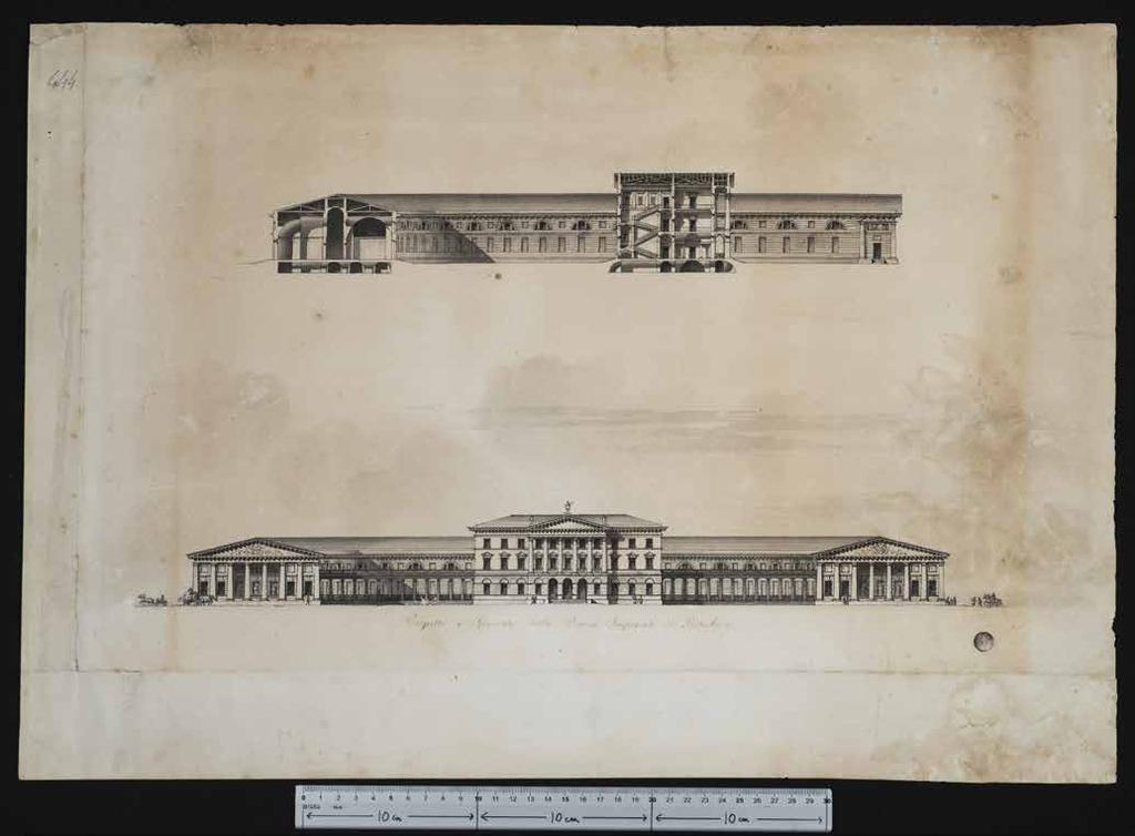 Banca di Stato a San Pietroburgo Prospetto e sezione (444 Q) 1782-1790 La Banca di Stato fu una delle prime e più importanti commissioni pubbliche ricevute da Giacomo Quarenghi dopo il