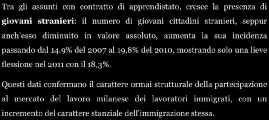 Apprendisti stranieri Tra gli assunti con contratto di apprendistato, cresce la presenza di giovani stranieri: il numero di giovani cittadini stranieri, seppur anch esso diminuito in valore assoluto,