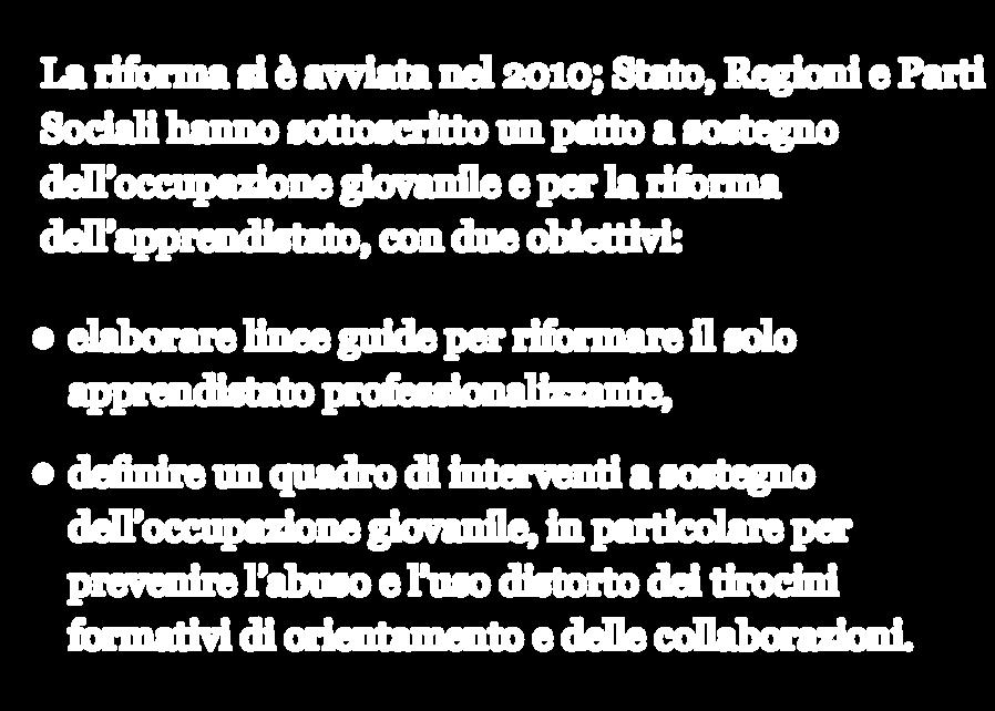 La riforma si è avviata nel 2010; Stato, Regioni e Parti Sociali hanno sottoscritto un patto a sostegno dell occupazione giovanile e per la riforma dell apprendistato, con due obiettivi: elaborare