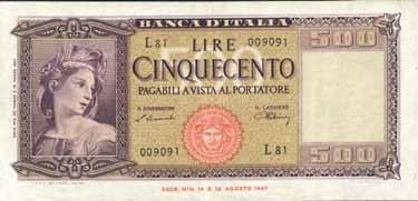 restauro in alto BB+ 80 3894 500 Lire - Italia 20/03/1947 - Alfa 544; Lireuro