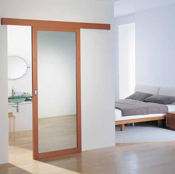 PLAZA cherry sliding door with front mirror panel and cherry rear panel; the door is provided