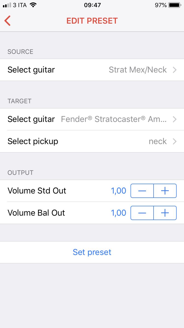 Step 3 Sezione Presets (Edit Preset) Cambia la Chitarra Sorgente Selezione una chitarra Target differente