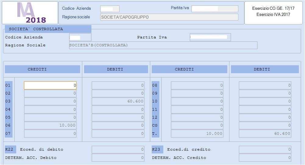 Selezionata la Controllata, è possibile accedere all'ex modello IVA 26/LP, che riepiloga i saldi IVA ceduti dalla controllata al Gruppo, e poi al quadro VS: In relazione al quadro VS,