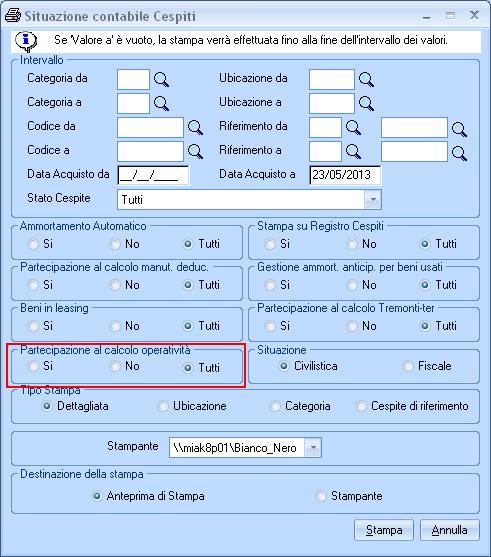 7.24.0 Stampa Situazione contabile cespiti Nella maschera di stampa, raggiungibile dal percorso di menù Anagrafiche Stampa anagrafiche, è stato