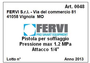 2.1 Specifiche tecniche Modello Art. 0048 Massa (g) 370 Raccordo aria compressa 1/4 Pressione (MPa) 1.2 2.