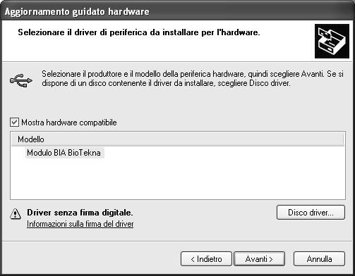 La scelta del driver da installare verrà effettuata manualmente, quindi care sul pulsante Avanti.