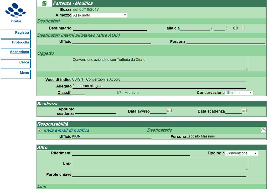 Ricezione documento in Titulus Compilazione