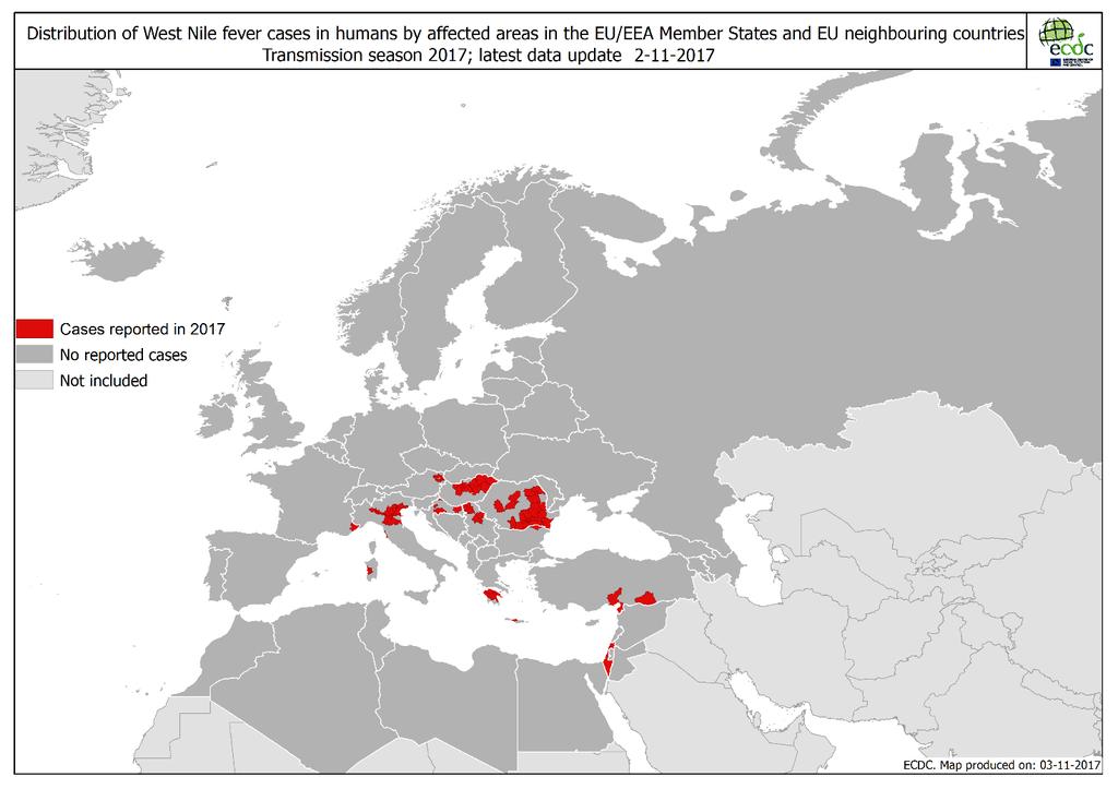 Situazione epidemiologica 2017 - EUROPA e BACINO DEL MEDITERRANEO Stando alle informazioni dell ECDC, al 2 novembre 2017 sono stati segnalati casi di WND nell uomo e negli equidi in