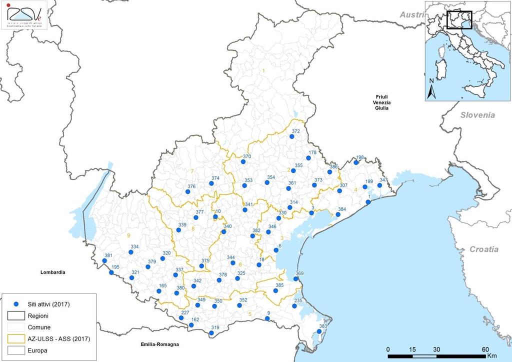 Attività di sorveglianza entomologica A partire dal mese di maggio 2017 sono state attivate in Veneto 54 trappole entomologiche per la cattura quindicinale di zanzare (Figura 2 e Tabella 4).