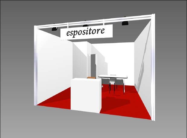 STAND TIPO A4 16 MQ DIMENSIONI 4X4 FRONTI ESPOSITIVI: 1 ALLESTIMENTO PARETI TAMBURATO FINITURA LACCATA H 290 CM MOQUETTE ROSSA TEATRO 251 1 RIPOSTIGLIO 100X100 CM 1 TAVOLO RETTANGOLARE 160X80XH 72 CM