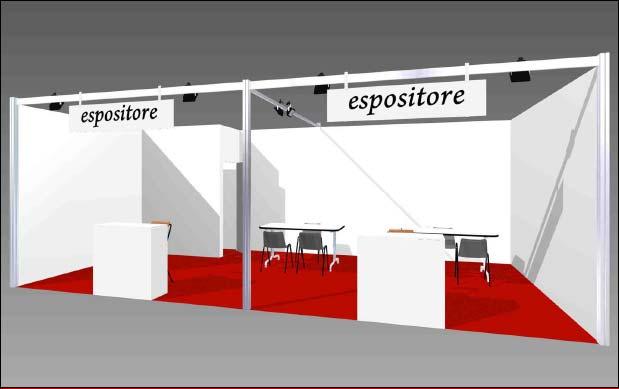 STAND TIPO A4 32 MQ DIMENSIONI 8X4 FRONTI ESPOSITIVI: 1 ALLESTIMENTO PARETI TAMBURATO FINITURA LACCATA H 290 CM MOQUETTE ROSSA TEATRO 251 1 RIPOSTIGLIO 200X100 CM 2 TAVOLO RETTANGOLARE 160X80XH 72 CM