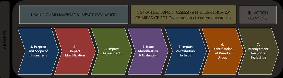 Figura 9: Il Materiality Impact Process (fonte: SCS Consulting) All interno di ogni macro-fase, si sviluppano delle sotto-fasi che permettono ad un organizzazione di valutare i propri impatti sul