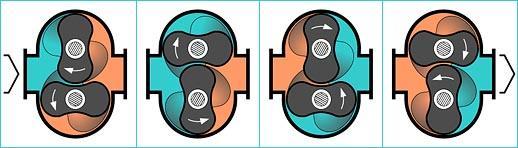 MODALITA DI FUNZIONAMENTO Mediante rotazione dei lobi si ha: aspirazione del fluido senza interruzione nella camera della