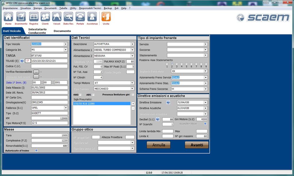 ATTREZZATURE SOFTWARE 29SNA1016120 Software WREV SUITE Calendario Il calendario principalo ha la funzione di organizer per il centro di revisione.