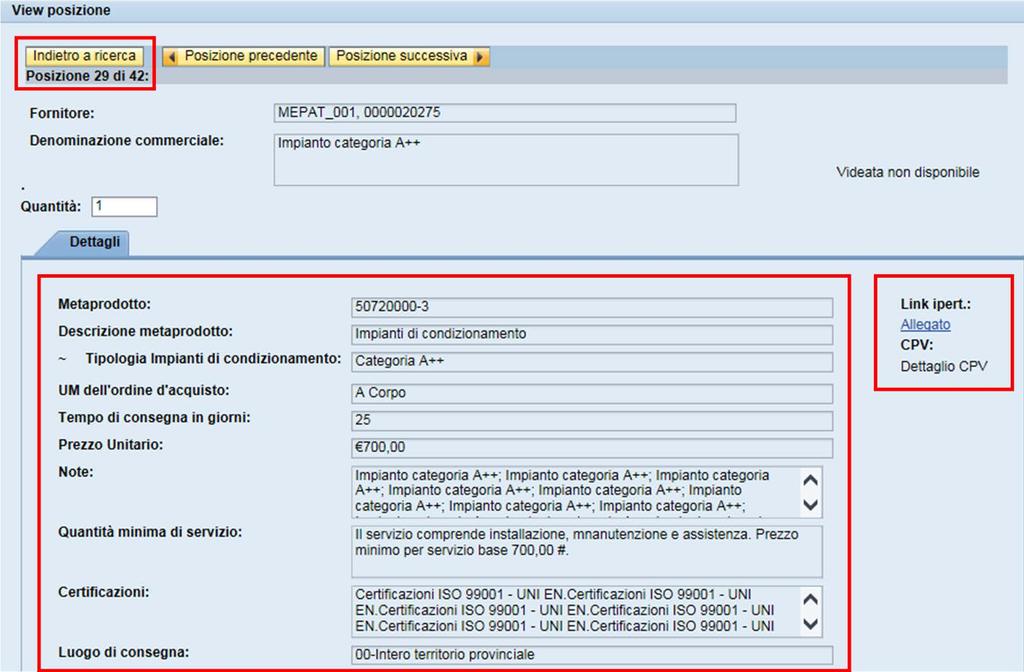 attributi specifici del meta-prodotto di riferimento, con la relativa