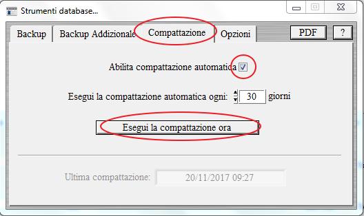 E possibile eseguire manualmente la compattazione mediante il pulsante Esegui la compattazione ora, oppure abilitare la compattazione automatica e impostare una frequenza (30 giorni è un buon