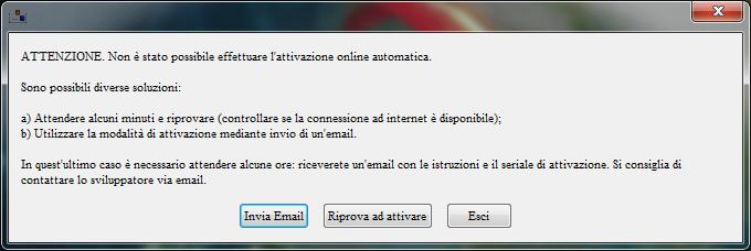 Nel caso di errore di attivazione, viene visualizzata la schermata seguente: Se il problema persiste e quindi non è dovuto quindi a mancanza di connessione, è necessario adoperare il pulsante invia