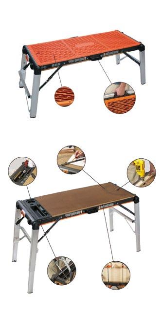 DOUBLE TABLE - tavolo da lavoro e trabattello - Robustezza e stabilità. - Gambe in alluminio rinforzato. - Punti di rinforzo in acciaio e ABS. - Piedini antiscivolo e agganci di sicurezza.