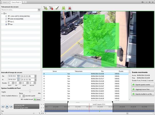 Figura 14: La scheda Cerca: pixel Per default, l'intero pannello immagini di ricerca è evidenziato in verde. 2. Nell'area Telecamera/e da cercare:, selezionare una telecamera. 3.