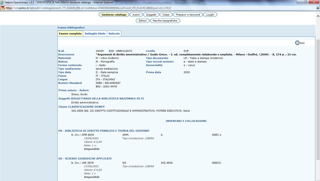 Per visualizzare l'esame analitico del documento (reticolo legami e localizzazioni del