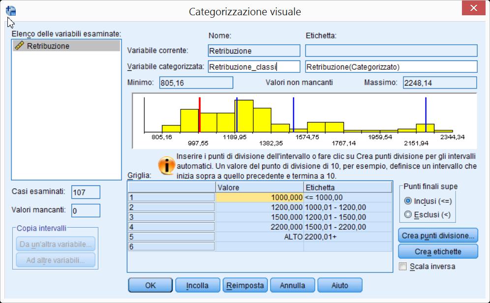 Creazione delle classi della variabile