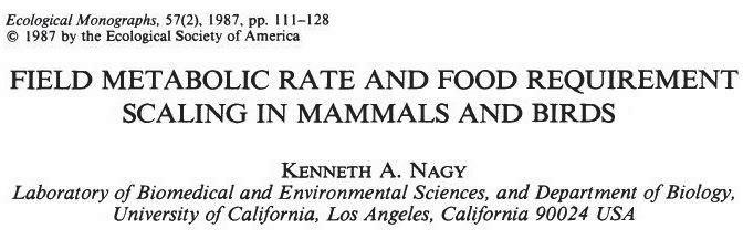Stima del flusso energetico Misurata attraverso il consumo energetico giornaliero (field metabolic rate FMR) proporzionale alla massa corporea (Nagy 25) Relazione logaritmica (log-log) Stima del