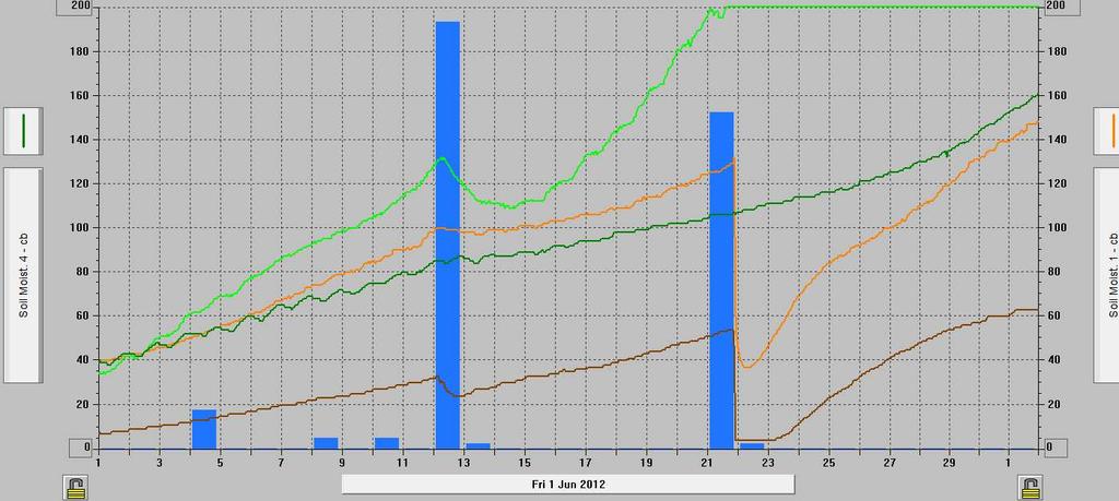 del topsoil (verde chiaro) ha raggiunto il max di asciugamento (200 cb) e rimane completamente asciutto anche a seguito dell evento piovoso. Fig.2. - Andamento umidità del suolo e delle piogge giugno 2012 presso impianto di Alessandria.