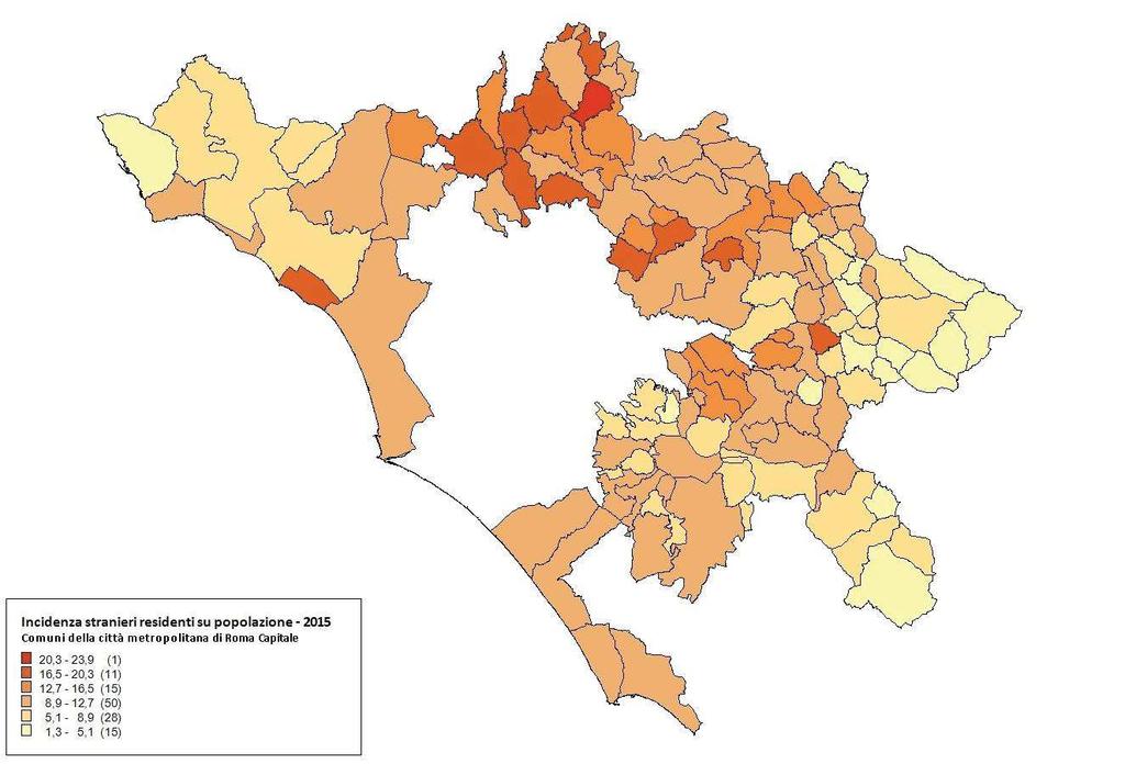 Fig. 13 - Incidenza residenti stranieri nei comuni della Città