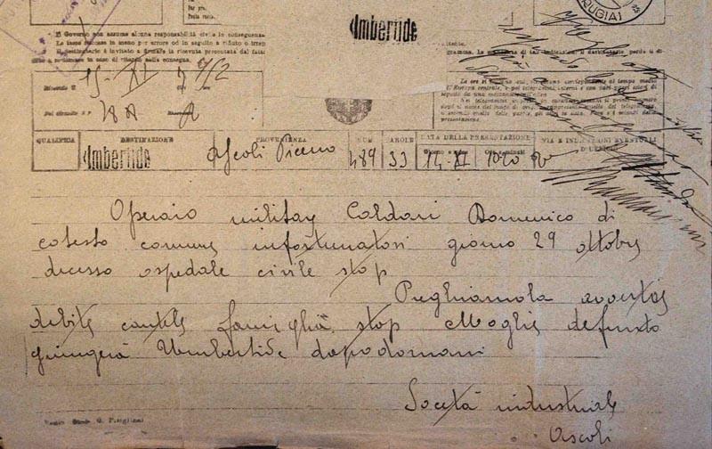 Cagnini Annibale, di anni 42. Soldato del 200 Battaglione Milizia Territoriale, deceduto il 24 dicembre 1917 a Umbertide per Calbocci Giuseppe, di anni 21.