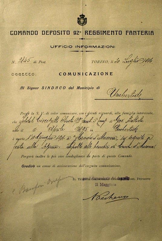 Cenerini Giulio, di anni 35. Soldato del 54 Fanteria, caduto il 24 dicembre 1917 sul Monte Medata (Massiccio del Grappa) per ferite da pallottole di mitragliatrice. Sepolto sul posto.