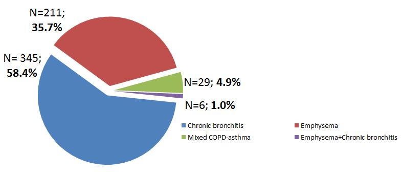 COPD Clinical phenotype and Socio-demographic characteristics FAS CB EM MIXED EM+CB n=591 n=345 n=211 n=29 n=6 Age (yrs) (mean±sd) 71.35 ± 8.23 71.55 ± 8.31 71.4 ± 7.96 70.07 ± 8.56 64 ± 9.
