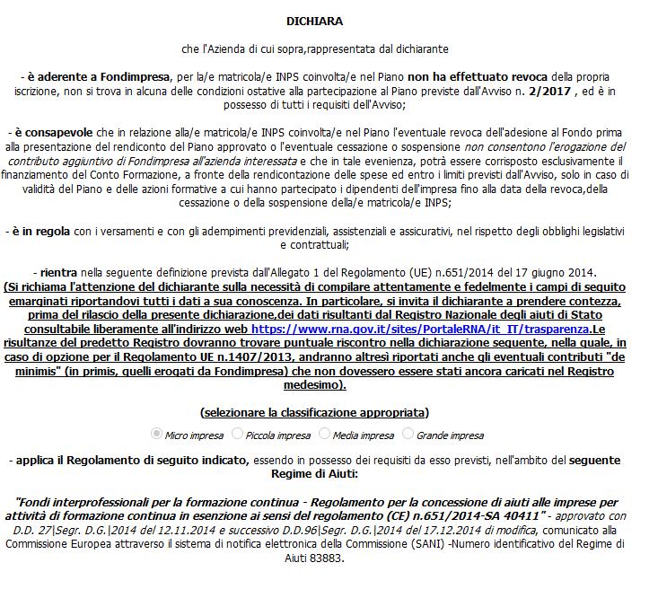 Dimensione azienda Selezione del regime aiuti (il regime risulterà già