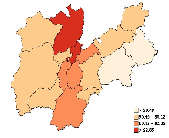 Figura 3: rappresentazione dell indicatore relativo all incidenza delle aree agricole di pregio sul totale della superficie agricola nelle Comunità di Valle della Provincia Autonoma di Trento.