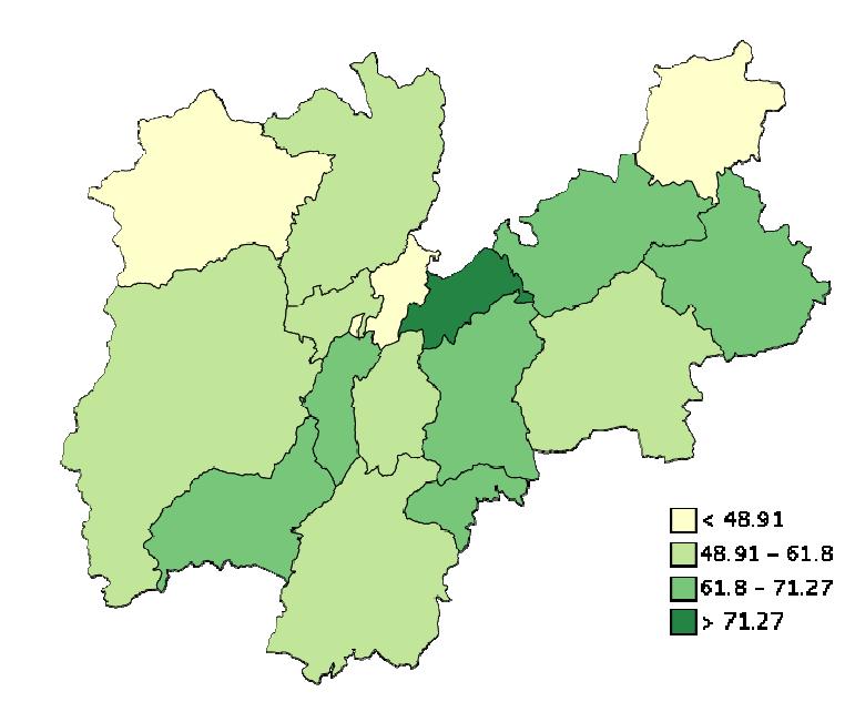 Il valore percentuale dell incidenza della superficie boschiva sulla superficie amministrativa relativo alla Comunità di Valle è, come dimostrato dalla figura 4, il più elevato della provincia,