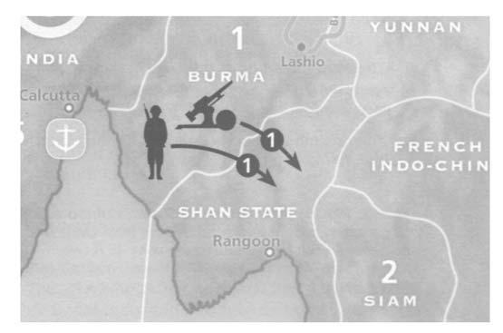 Esempio: muovere dalla Birmania allo Stato di Shan conta come un movimento. Diagramma 6.