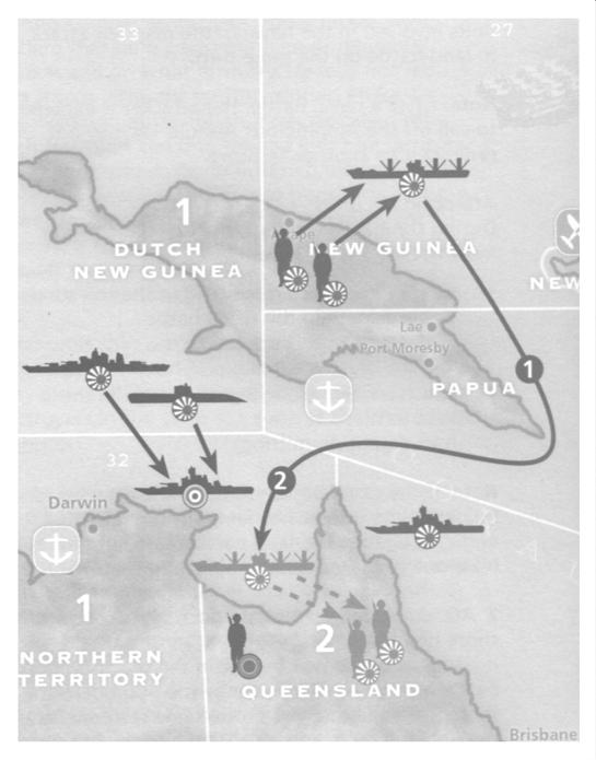 A questo punto può iniziare lo sbarco (come detto nelle regole, il giocatore giapponese non può ora cambiare obiettivo e sbarcare nei Territori del Nord, ad esempio).