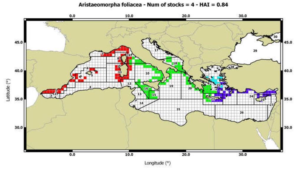 Figura 5 - Mappa delle unità di stock di gambero rosso individuate dal progetto STOCKMED (Fiorentino et al., 2015).