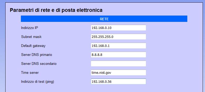 8.3. Parametri di rete In questa pagina è possibile impostare i parametri di rete, quali l indirizzo IP, la netmask, ecc. : L indirizzo IP di default del dispositivo è 192.168.0.10.
