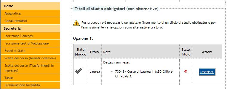 Dopo avere selezionato l opzione titolo conseguito in altro ateneo alcune maschere in successione