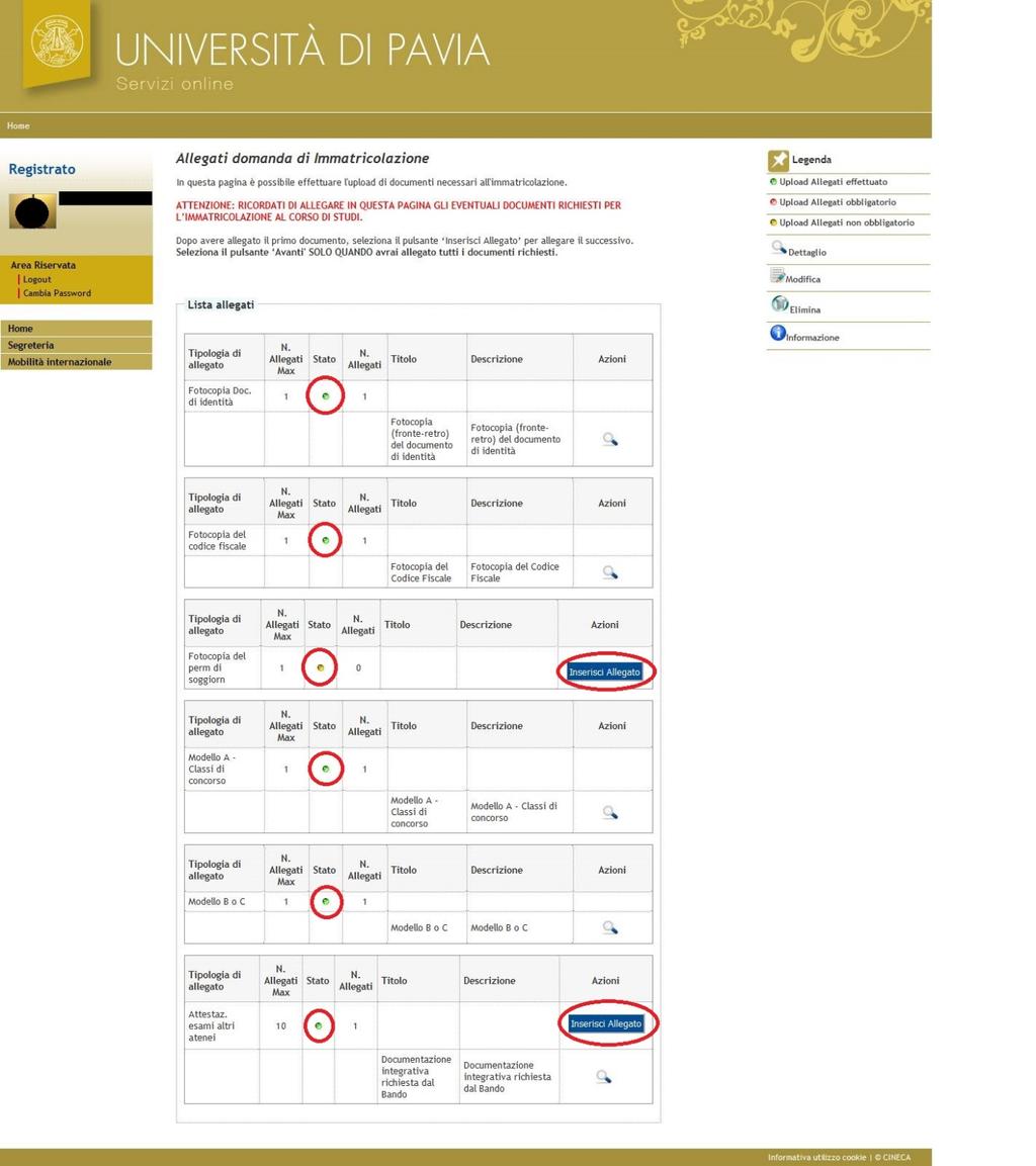 Alla fine degli upload comparirà una luce verde per ogni allegato caricato, una luce gialla per quelli facoltativi e che non si intende allegare e la possibilità di