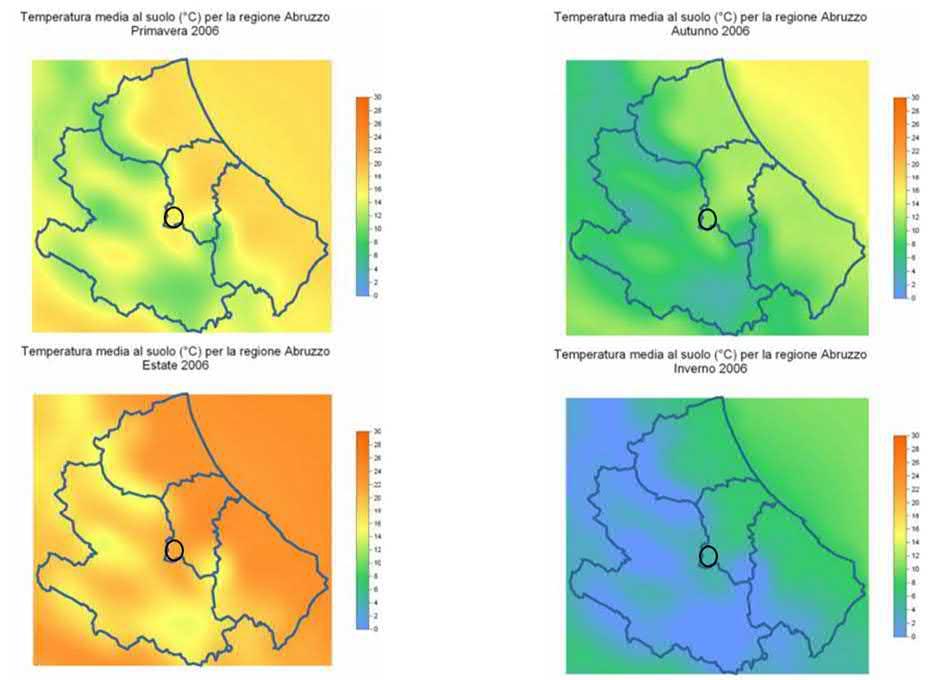 Figura 7: Temperature medie mensili per l'anno 2006 nelle stazioni di monitoraggio dei parametri meteorologici.