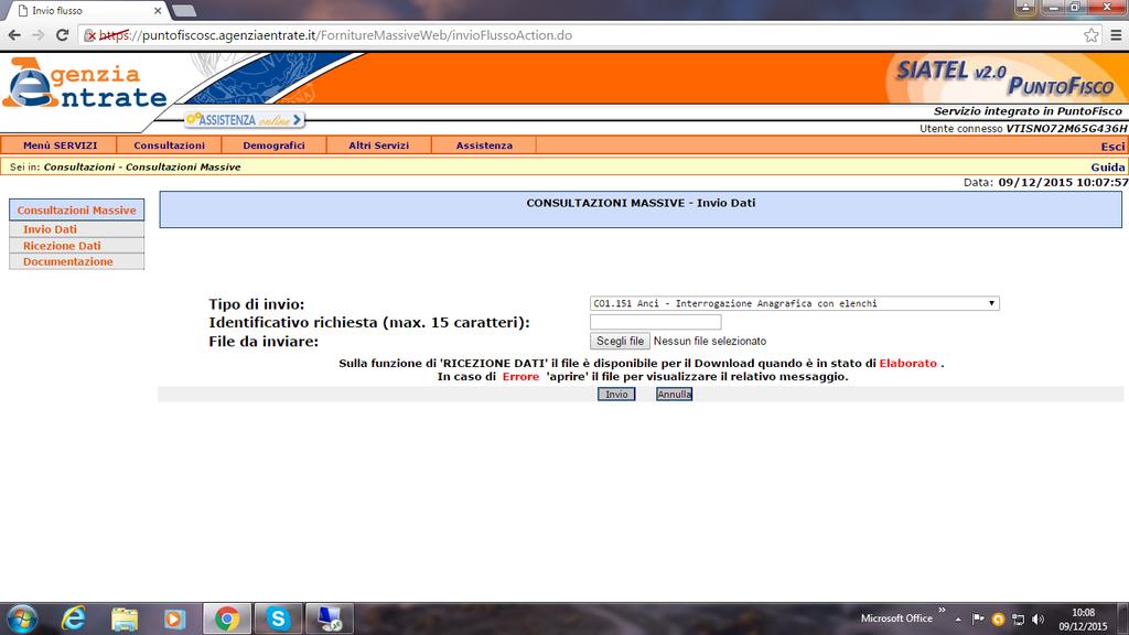 Dal menù Consultazioni Consultazioni Massive scegliere Invio dati Scegliere come da figura il tipo di invio CO1.151 Scrivere un identificativo richiesta ad esempio : agg.