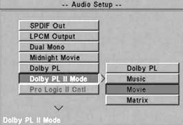 Menu di configurazione Modo Dolby PL II (solo uscite analogiche) Impostazione predefinita: Film Questo menu serve se UNIDISK SC è collegato a diffusori anteriori, centrale e/o surround.