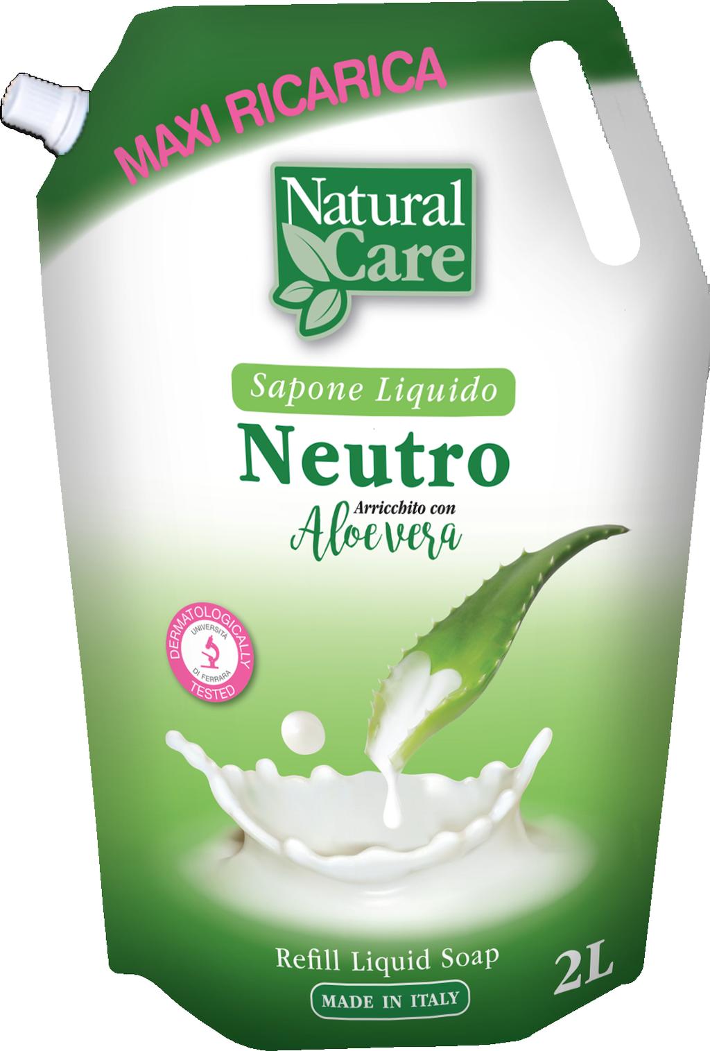 Natural Care presenta una novità che unisce praticità e convenienza, grazie al maxi formato da 2 litri: il Sapone Liquido Neutro arricchito con Aloe Vera.