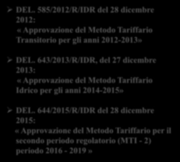 DEL. 585/2012/R/IDR del 28 dicembre 2012: «Approvazione del Metodo Tariffario Transitorio