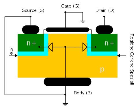 Assenza di polarizzazione Nel caso in cui non ci sia polarizzazione del gate (tensione Vgs nulla) siamo in una situazione come questa: Il MOS nella configurazione sopra si comporta come due diodi.